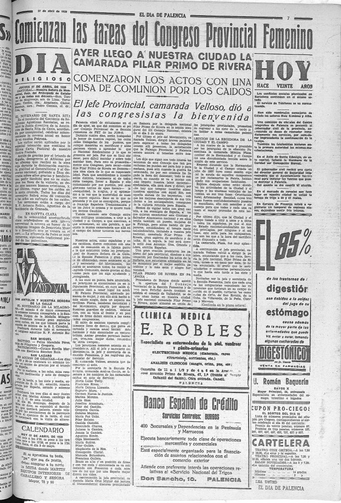 Noticia en Día de Palencia, 27 de abril de 1939, p. 7, donde FET-JONS (creada en abril de 1937) incluye entre sus caídos a las tres enfermeras.